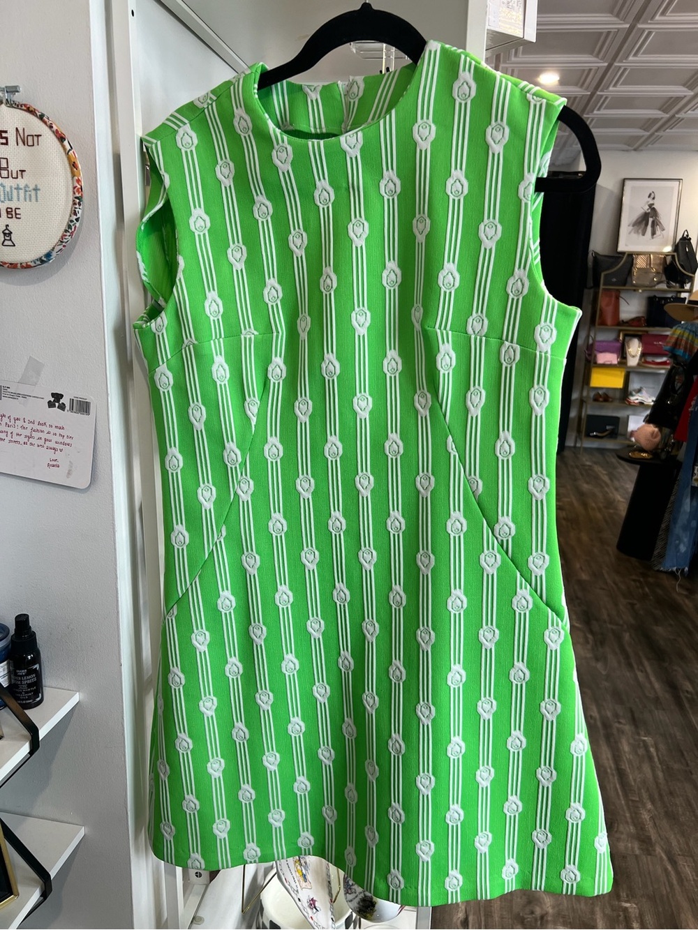 Vintage 1960s Green Sleeveless Mini Dress with Vertical Floral Stripe